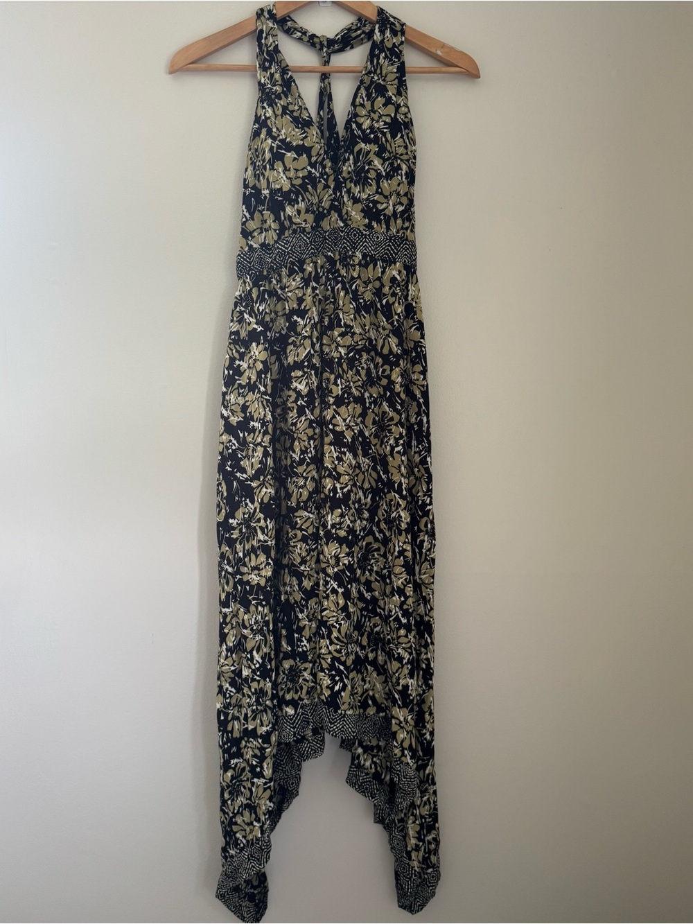 Santiki Black and Cream Floral Halter Maxi High Low Dress